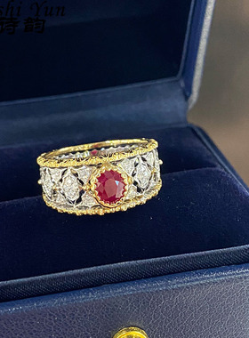 帕诗韵S925纯银中古镶红宝石戒指