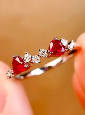 帕诗韵S925纯银红色宝石爱心闪钻金戒指时尚个性百搭精致食指戒