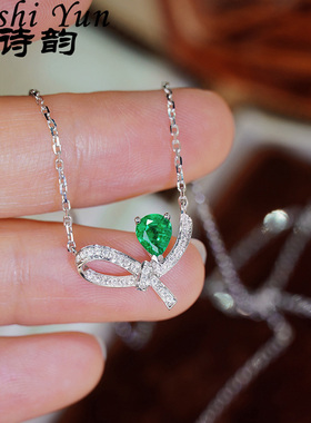 帕诗韵韩版甜美风轻奢镶嵌满钻蝴蝶结绿色水滴吊坠项链法式浪漫女