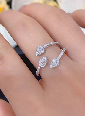 帕诗韵s925纯银镶嵌闪亮水滴戒指女别致气质轻奢百搭开口调节指环