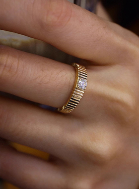 帕诗韵s925纯银镀18K金条纹镶钻锆石戒指女轻奢豪华气质日常百搭