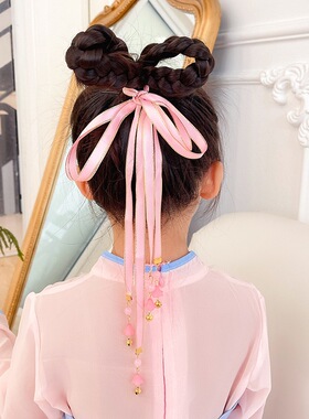 儿童汉服发饰铃铛丸子头彩带编发公主头饰配饰古风马尾红色编发带