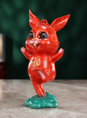 彩铜兔子摆件彩绘红色兔子可爱福兔客厅桌面装饰小兔子摆件工艺品