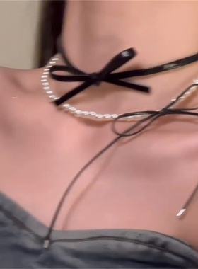 蝴蝶结丝带珍珠项链黑色皮质