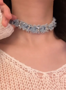 蓝色牛仔choker项链女