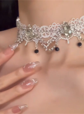 白色蕾丝锆石choker项链