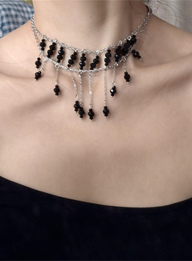 黑色流苏串珠项链女款