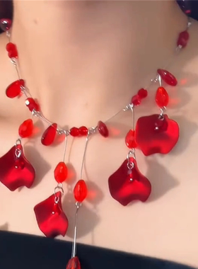 红色玫瑰花瓣流苏项链女