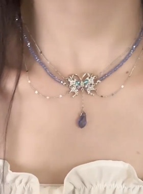 蓝色镶钻锆石蝴蝶水滴锁骨链