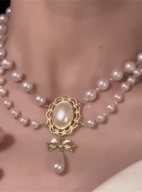 蝴蝶结珍珠双层项链女