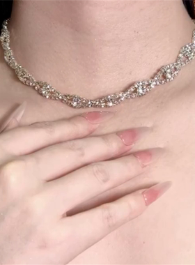 超闪银色编织水钻项链耳环套装