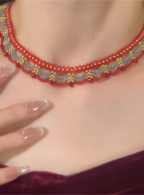 红蓝撞色蕾丝串珠choker古着项链