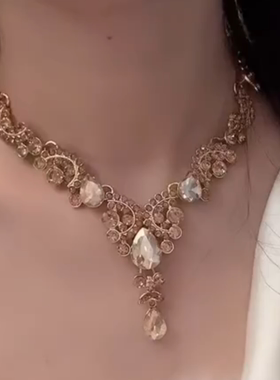香槟色水滴流苏闪钻项链女欧美
