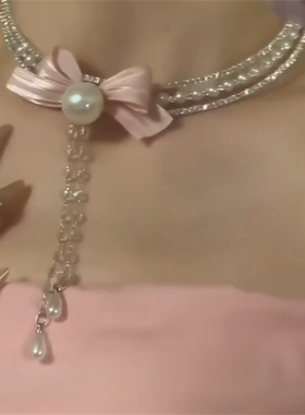 粉色蝴蝶结珍珠流苏项链女