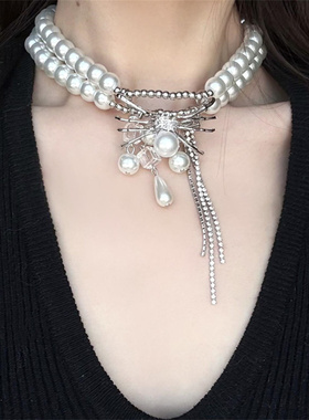 重工蜘蛛珍珠项链颈链女