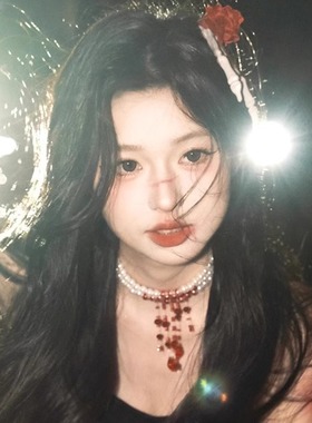 红色水晶流苏珍珠项链辣妹风