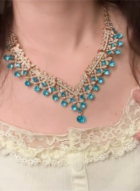 蓝色水滴锆石项链女婚纱礼服颈链