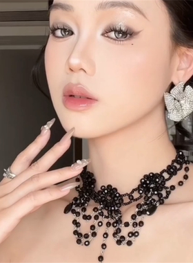黑色串珠流苏项链女暗黑复古夸张