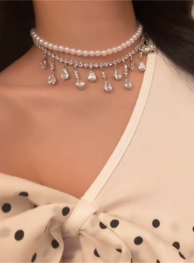 闪钻水滴珍珠项链锁骨链