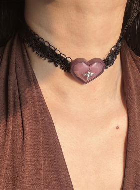 辣妹风项链黑缎带蕾丝爱心蝴蝶结