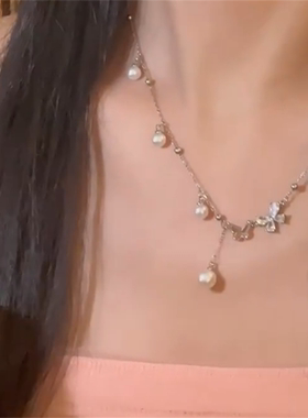 珍珠蝴蝶流苏毛衣项链