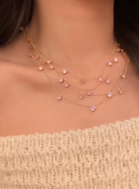 粉色锆石多层流苏项链女