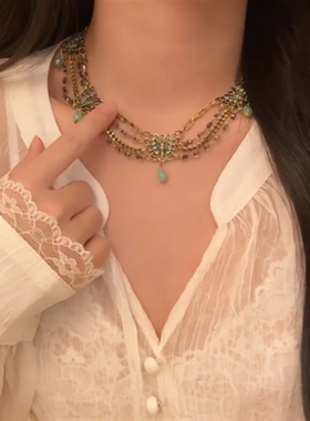 镶钻绿色蝴蝶项链女颈链