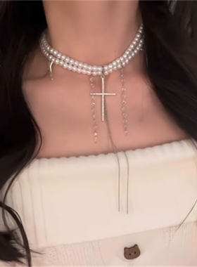 十字架流苏珍珠项链女