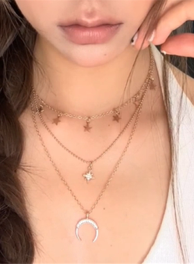 多层月亮吊坠项链女欧美甜酷辣妹