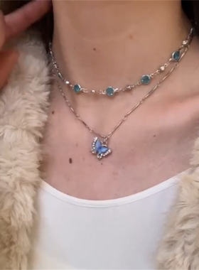 蓝色双层蝴蝶项链女款