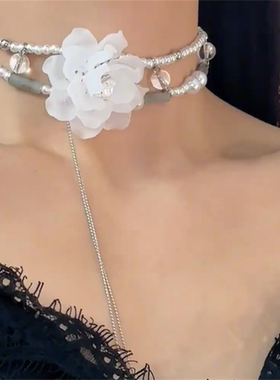 白色山茶花串珠流苏颈链女
