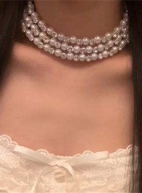 三层珍珠串珠项链耳环套装