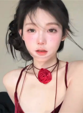 红色玫瑰花朵项链女颈带高级感