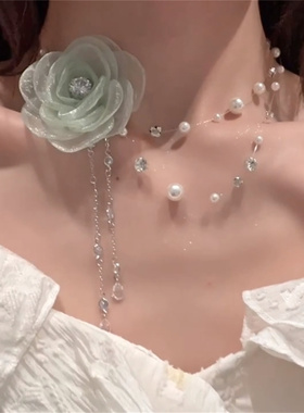 薄纱绿色花朵项链流苏珍珠气质