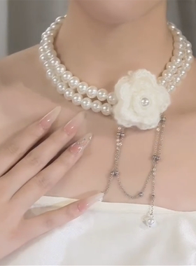 白色玫瑰花流苏珍珠项链
