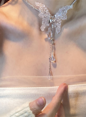 法式水晶蝴蝶吊坠项链女