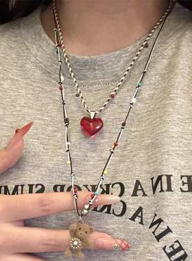 爱心双层米珠小熊项链