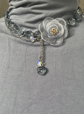 蓝色花朵水晶串珠流苏chocker