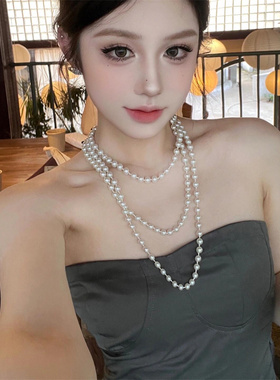 珍珠长款叠戴项链法式优雅气质