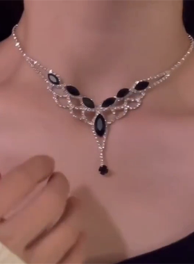 黑色水滴锆石流苏项链耳环套装