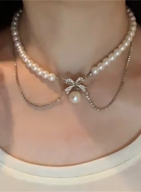 闪钻蝴蝶结珍珠项链女轻奢