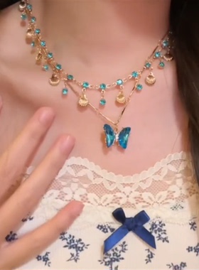 蓝色蝴蝶双层叠戴项链女