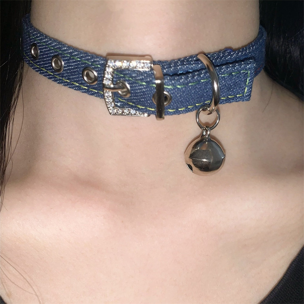 zoozmomo纯欲牛仔布艺铃铛颈环y2k辣妹choker项圈小众设计感项链 - 图3