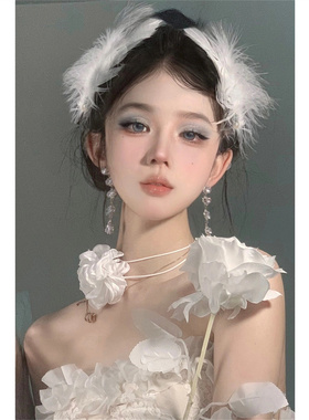 纯欲风白色山茶花项链羽毛发夹潮