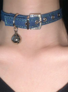 纯欲牛仔布艺铃铛颈环