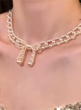 蝴蝶结珍珠choker项链女