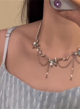 蓝色蝴蝶流苏女甜酷风辣妹锁骨链
