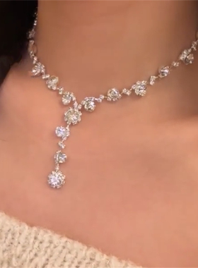 超闪银色满钻流苏项链耳环套装