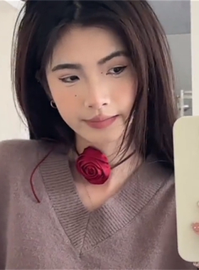 红色玫瑰花项链女小众锁骨链