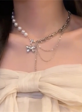 超闪珍珠蝴蝶拼接项链女
